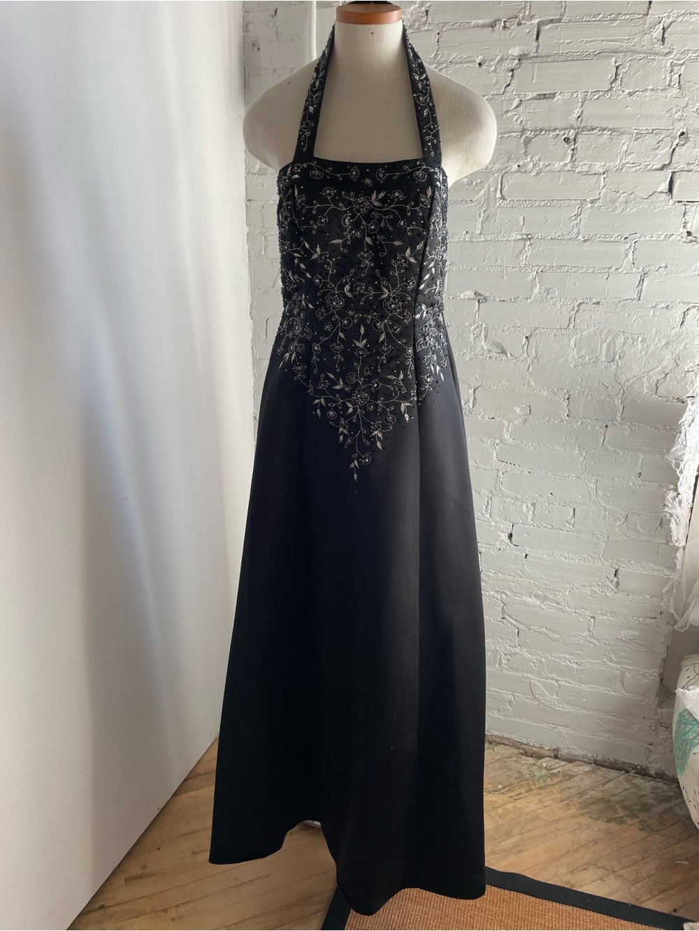 Black Halter Evening Gown with Silver Embroidery